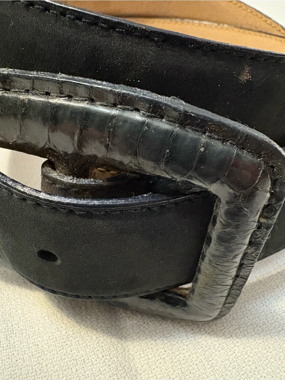 Jacqueline Ferrar Black Leather Belt with Textured Snake Skin Buckle Accent- M